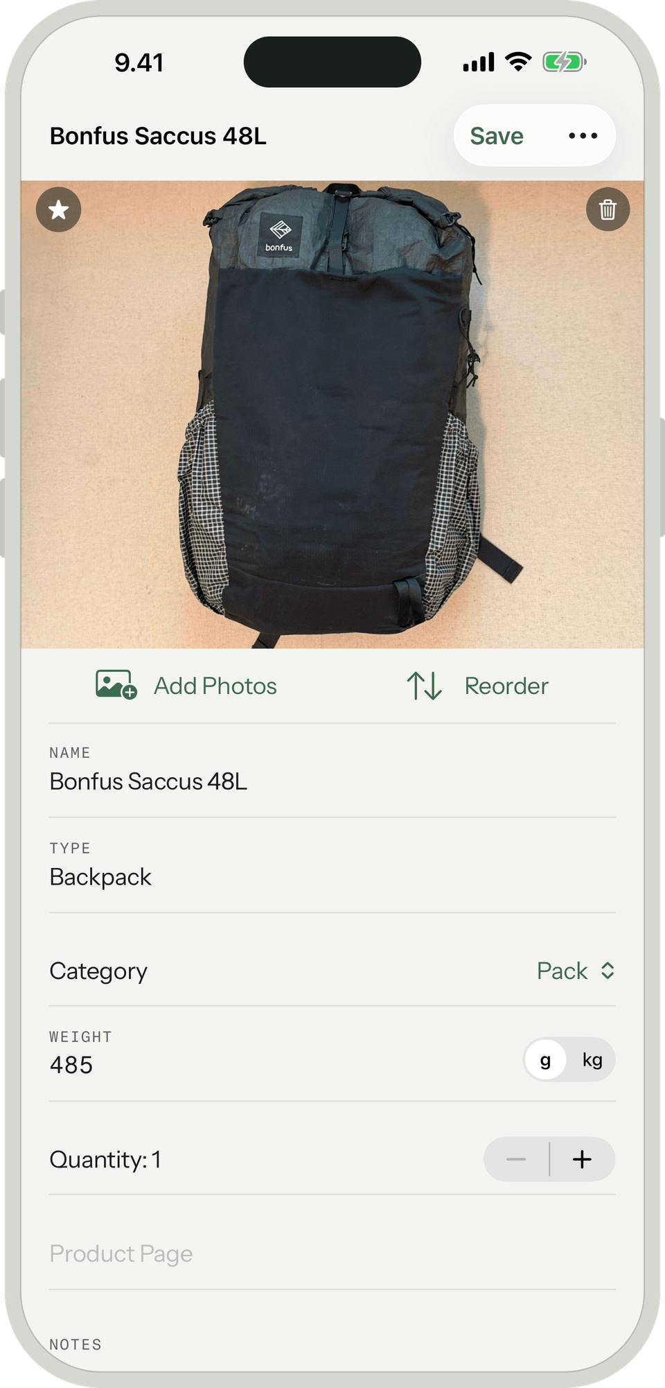 Gear item detail: name, unit weight, count, category, notes and photos.